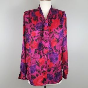 VINTAGE Pink Button Down Shirt with Tie Front. Purple/Red/Black Flowers